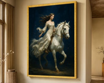 Elegant Woman Riding White Horse Canvas, Fantasy Horseback Art, Mystical Night Scene, Romantic Wall Decor, Fairy Tale Canvas Print