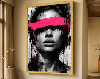 Abstract Woman Portrait Canvas, Black and White Face Art, Pink Brush Stroke, Modern Expressionist Wall Art, Contemporary Canvas Decoration