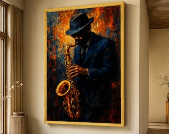 Op de afbeelding: Een ingelijst kunstwerk toont een persoon in een blauw pak en hoed die een gouden saxofoon bespeelt. De achtergrond heeft een mix van oranje, blauwe en rode penseelstreken. Het kunstwerk wordt tentoongesteld in een kamer met neutraal gekleurde muren.