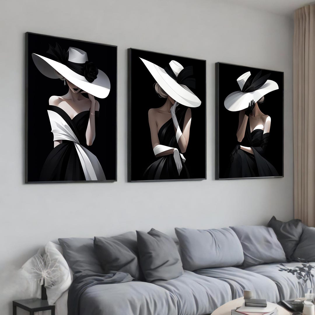 Elegant Fashion Woman in Black and White Hat - Minimalist Chic Artwork ...