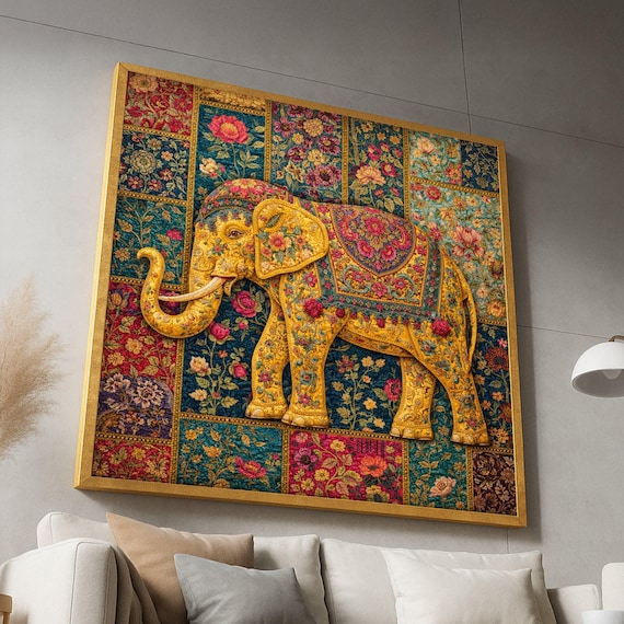 Ornate Floral Elephant Canvas, Wall Art, Decorative Animal Canvas, Colorful Home Decor, Vintage Textile Design