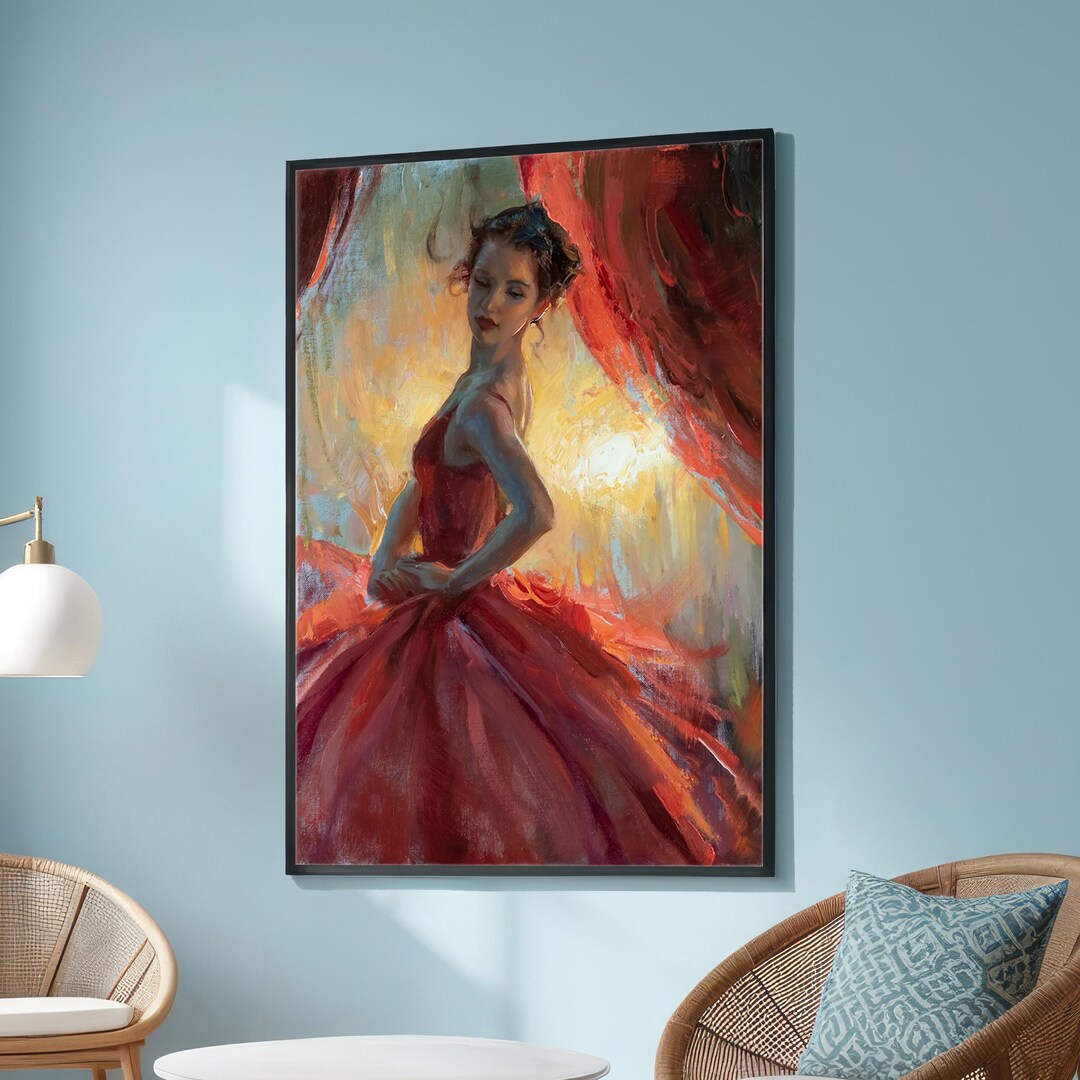Elegant Woman in Red Gown Canvas Print – Romantic Impressionist Art for ...