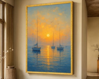 Lienzo con veleros al atardecer, arte mural marino, vista del océano al atardecer, decoración náutica para el hogar, pintura costera sobre lienzo.