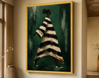 Elegante Silhouette Frau Leinwand, schwarz-weiß gestreiftes Kleid, moderne Mode Wandkunst, grüner Hintergrund Leinwand, schickes Wohndekor