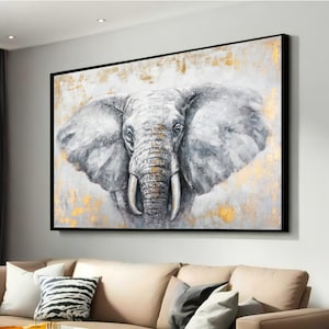 Elegant Elephant Canvas Print with Gold Accents - Majestic Wildlife Art - Monochrome and Gold Abstract Elephant Painting for Modern Wall Art