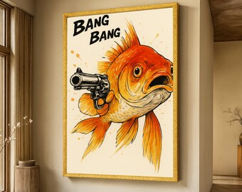 Quirky Goldfish with Revolver Canvas, Humorous Animal Wall Art, Unique Cartoon Fish Print, Contemporary Home Decor, Ready to Hang Canvas