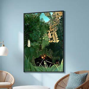 May include: A painting of a jungle scene with three monkeys sitting in a tree. The monkeys are wearing red and green clothing. The background is a lush green jungle with a blue sky.