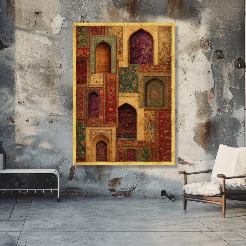 Vintage Persische Türen und Blumenteppiche Leinwand, Verzierte Torbogen Wandkunst, Traditionelles Dekor aus dem Nahen Osten, Bunte Textilmuster Leinwand, Bild 2