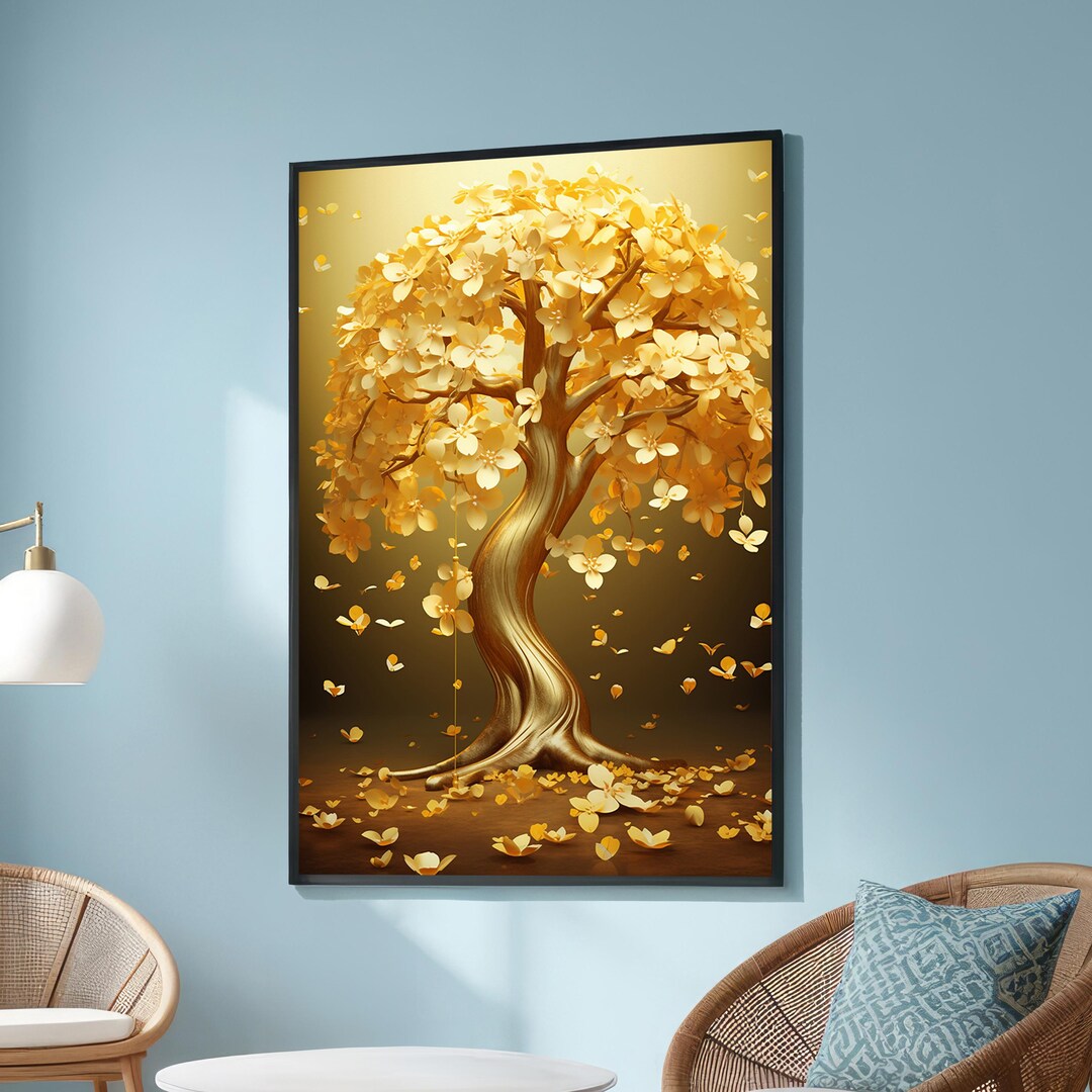 Golden Tree With Falling Petals Canvas Art - Fantasy Surreal Wall Decor ...