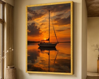 Lienzo de un velero tranquilo al atardecer, reflejo de la hora dorada, arte mural náutico, paisaje de aguas tranquilas, decoración en lienzo con escena de lago sereno