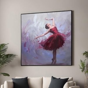 Elegante ballerina in rode canvasprint - sierlijke balletdanskunst - abstracte vloeiende beweging - modern muurdecor voor thuis