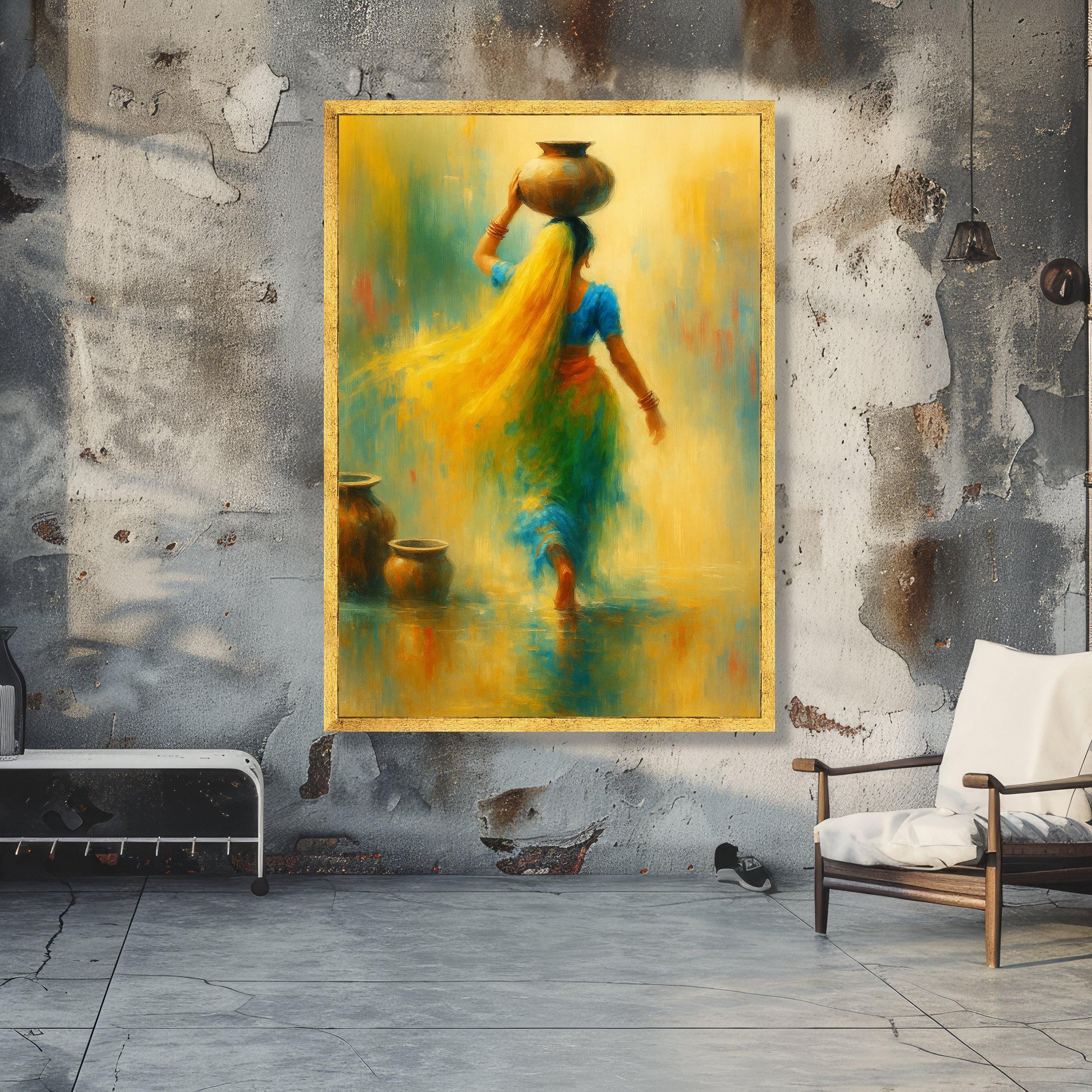 Woman Carrying Pot Canvas Wall Art, Traditional Indian Scene, Colorful ...