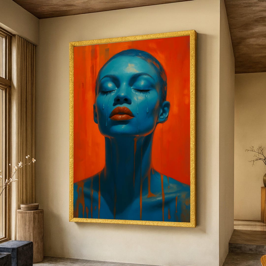 Emotional Blue Portrait Canvas Art, Woman Crying With Orange Background ...