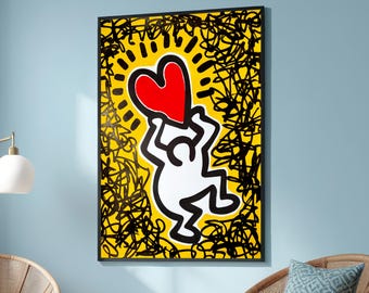 Tribute to Keith Haring - Bold Pop Art Figure with Red Heart - Vibrant Graffiti-Inspired Love Art - Modern Street Art Canvas Wall Decor