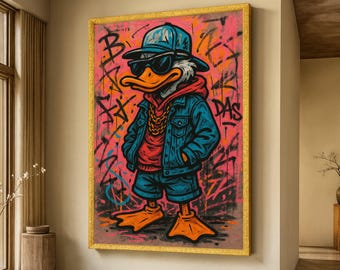 Urban Street Style Duck Canvas Wall Art, Graffiti Pop Art, Hip Hop Duck Cartoon, Cool Character Canvas, Modern Wall Decor for Home