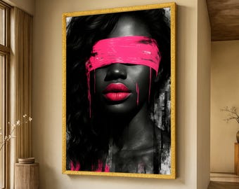 Abstract Black Woman Portrait Canvas, Pink Paint Blindfold Art, Modern Wall Decor, Contemporary Canvas Wall Art, Bold Feminine Expression