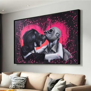 Surreal Gas Mask Couple Canvas Print - Dystopian Love Art with Bold Pink and Black - Urban Street Art for Modern Home Decor