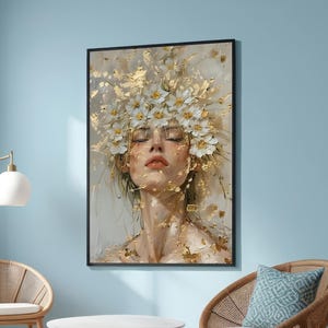 Floral Gold Leaf Woman Portrait - Modern Abstract Canvas - Luxurious Feminine Wall Art - Ethereal Flower Head Artwork for Living Room Decor