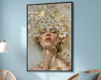 Floral Gold Leaf Woman Portrait - Modern Abstract Canvas - Luxurious Feminine Wall Art - Ethereal Flower Head Artwork for Living Room Decor