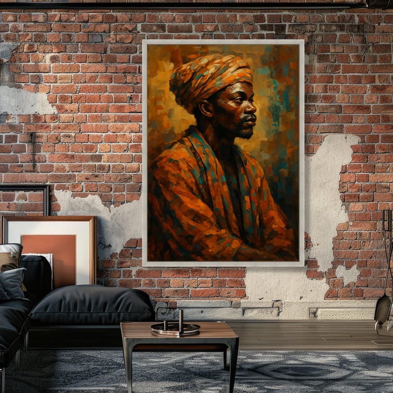 African Man Portrait Canvas, Ethnic Wall Art, Traditional Headwrap Painting, Cultural Home Decor, Bold Orange and Blue Canvas Art image 4
