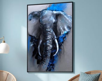 Abstract Elephant Canvas Art | Blue and Grey Elephant Wall Decor | Modern Wildlife Art | Bold Safari-Inspired Print for Living Room