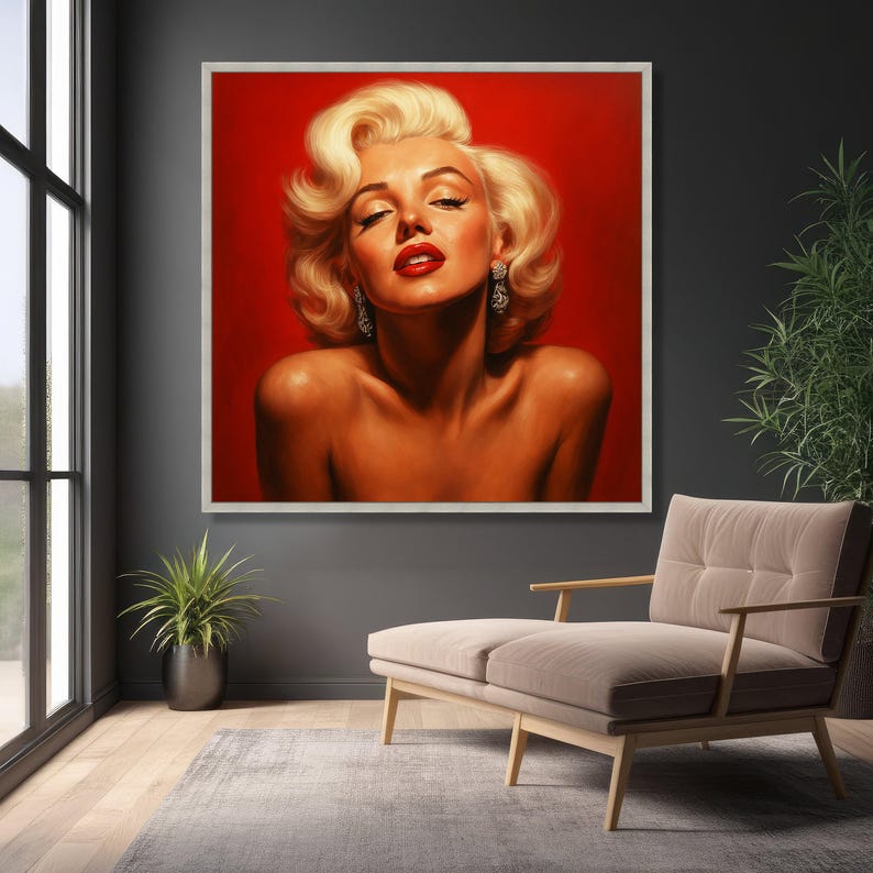 Retrato de mujer rubia glamurosa en lienzo, arte de pared estilo Hollywood vintage, decoración glamurosa sobre fondo rojo, elegante impresión en lienzo femenina imagen 4