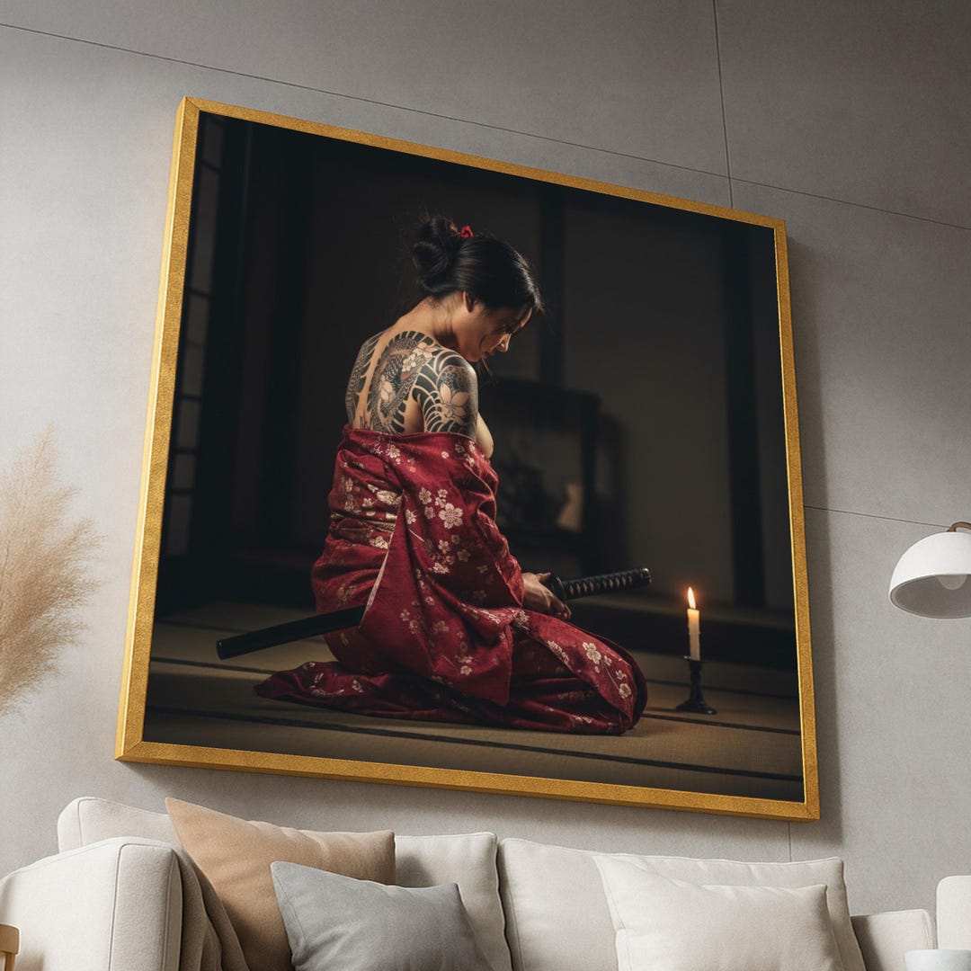 Japanese Woman With Sword and Tattoo, Kimono Canvas Wall Art, Samurai ...