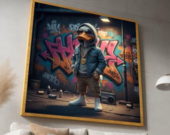 Urban Street Style Duck Canvas, Hip Hop Animal Art, Graffiti Wall Art, Cool Duck Portrait, Funky Streetwear Canvas, Modern Urban Decor