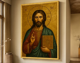 Icona classica di Gesù Cristo su tela, arte religiosa da parete, decorazione cristiana, tela cristiana ortodossa, decorazione spirituale per la casa, pronta per essere appesa