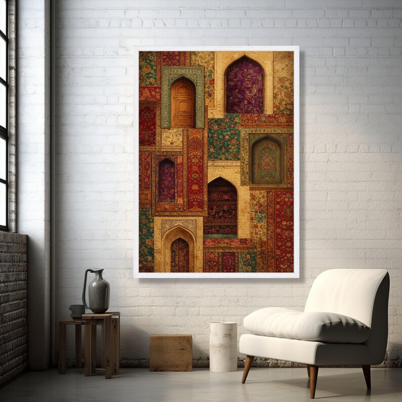 Vintage Persische Türen und Blumenteppiche Leinwand, Verzierte Torbogen Wandkunst, Traditionelles Dekor aus dem Nahen Osten, Bunte Textilmuster Leinwand, Bild 5