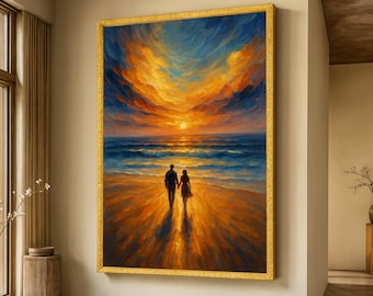 Romantic Sunset Stroll Canvas Wall Art, Couple Walking on Beach, Vibrant Ocean Landscape Warm Sunset Home Decor, Ready to Hang Canvas