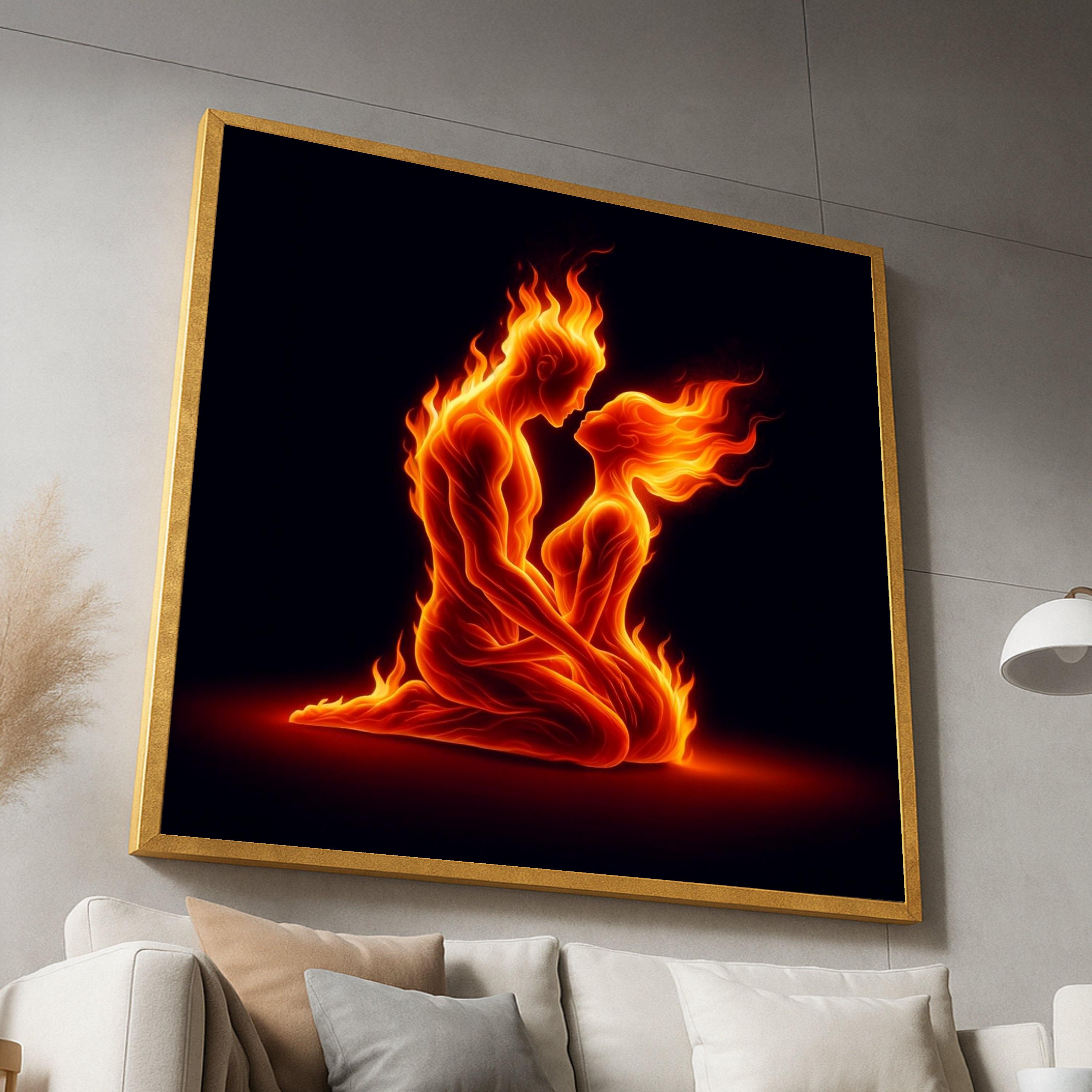 Fiery Flame Lovers Embrace Canvas, Passionate Couple Wall Art 