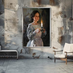 Pu&ograve; includere: Un dipinto di una donna in un abito bianco che tiene una candela accesa in un candelabro. La donna guarda la candela con un'espressione pensosa. Lo sfondo &egrave; scuro e sfocato.