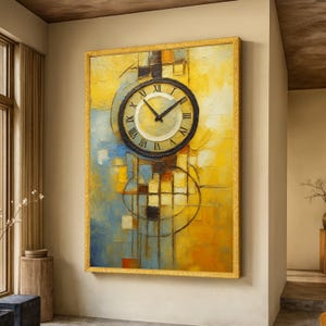 May include: An abstract wall art piece featuring a clock design. The clock has Roman numerals and black hands. The background is a mix of yellow, blue, and brown brushstrokes, framed in gold. The artwork is rectangular and mounted on a beige wall.