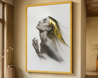 Elegant Female Portrait Canvas, Modern Gold Accent Art, Contemporary Wall Decor, Feminine Abstract Canvas, Luxurious Home Decoration