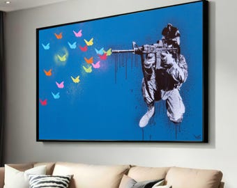 Graffiti Street Art Canvas Print - Soldier with Butterflies - Modern Peace and War Art - Vibrant Colorful Decor"
