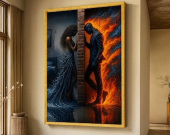 Fiery Passion vs. Ocean Serenity, Elemental Contrast Canvas, Woman Water Dress & Man Flame Suit, Emotional Wall Art, Modern Home Decoration