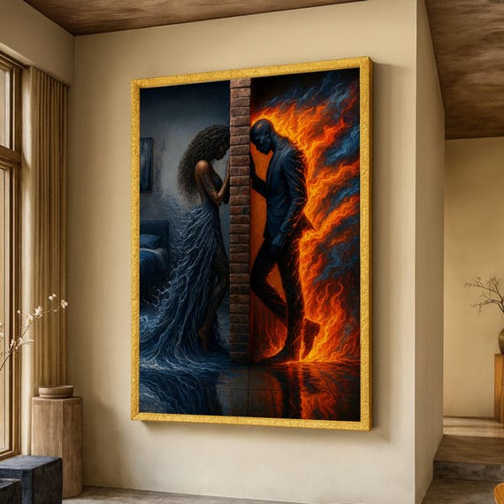 Fiery Passion vs. Ocean Serenity, Elemental Contrast Canvas, Woman Water Dress & Man Flame Suit, Emotional Wall Art, Modern Home Decoration