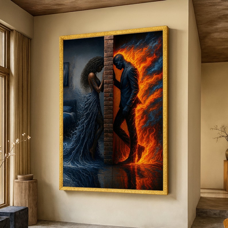 Fiery Passion vs. Ocean Serenity, Elemental Contrast Canvas, Woman Water Dress & Man Flame Suit, Emotional Wall Art, Modern Home Decoration image 1