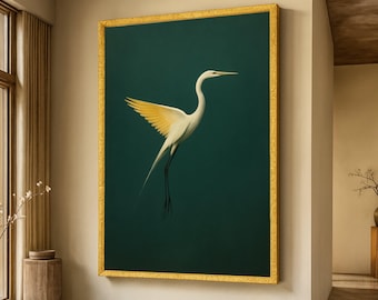 Elegancka, biała, płócienna dekoracja ścienna z czaplą, minimalistyczna ilustracja ptaka, wystrój z motywem dzikiej przyrody, nowoczesna dekoracja domu, dzieło sztuki gotowe do powieszenia