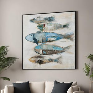 Abstract Fish Canvas Print - Minimalist Shoal of Fish Art - Coastal Wall Decor - Modern Nature Painting - Blue and Earth Tone Home Art