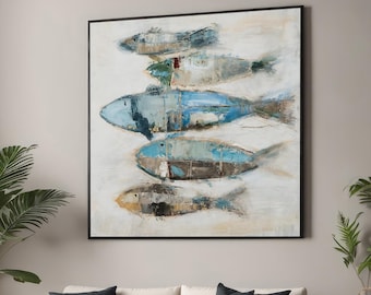 Lienzo abstracto con peces - Arte minimalista de bancos de peces - Decoración de pared costera - Pintura moderna de la naturaleza - Arte para el hogar en tonos azules y tierra