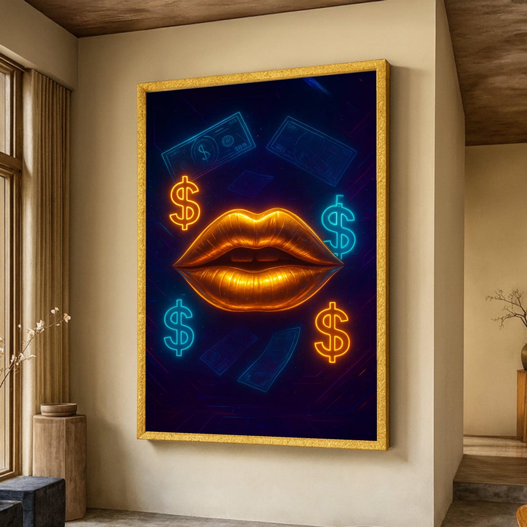 Neon Gold Lips Canvas Wall Art, Money Symbol Decor, Modern Pop Art ...