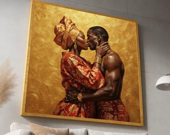 Romantic African Couple Canvas, Gold Background, Ethnic Love Portrait, Red and Gold Traditional Attire, Intimate Wall Art, Home Decoration