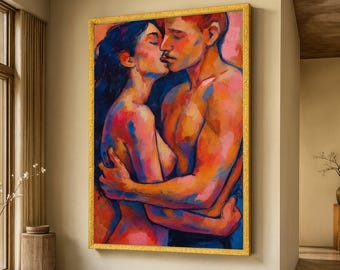 Passionate Embrace Canvas Wall Art, Romantic Couple Intimate Love Scene, Modern Expressionist Home Décor, Sensual Abstract Canvas