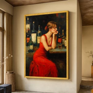 Elegant Woman in Red Dress Canvas, Vintage Bar Scene Wall Art, Sophisticated Portrait Painting, Atmospheric Home Decor, Classic Canvas Print