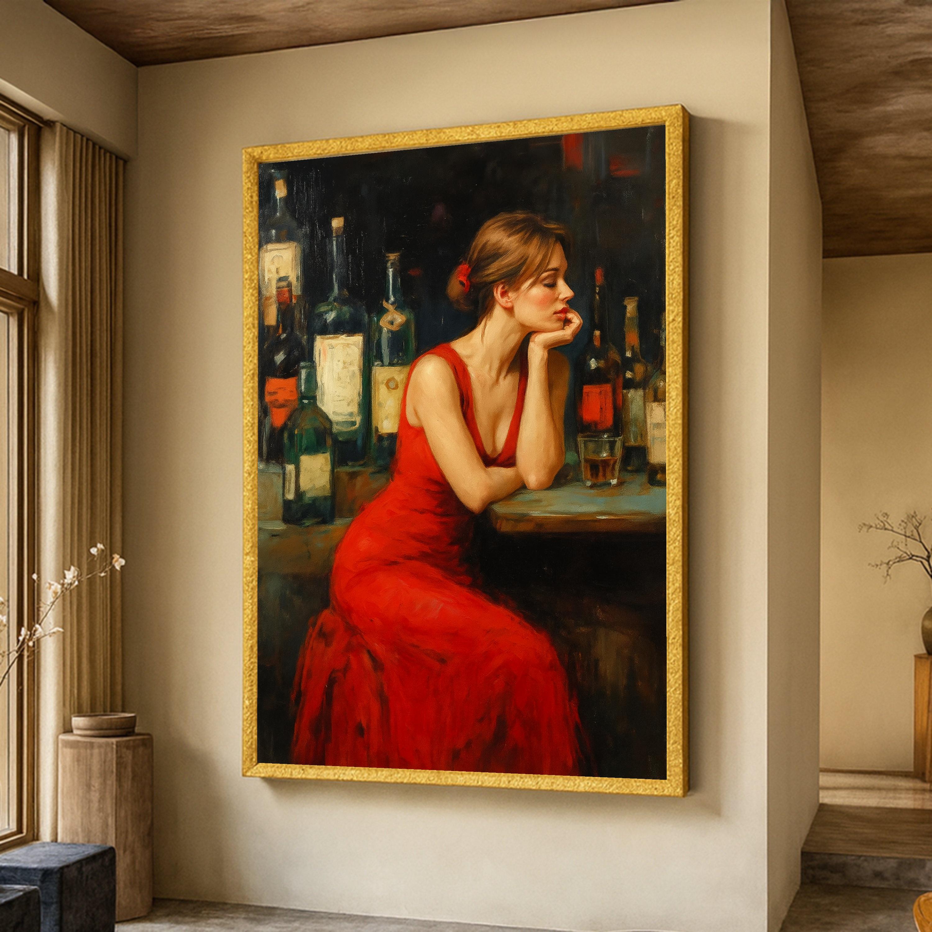 Elegant Woman in Red Dress Canvas Painting, Sad Bar Wall Art, Vintage ...