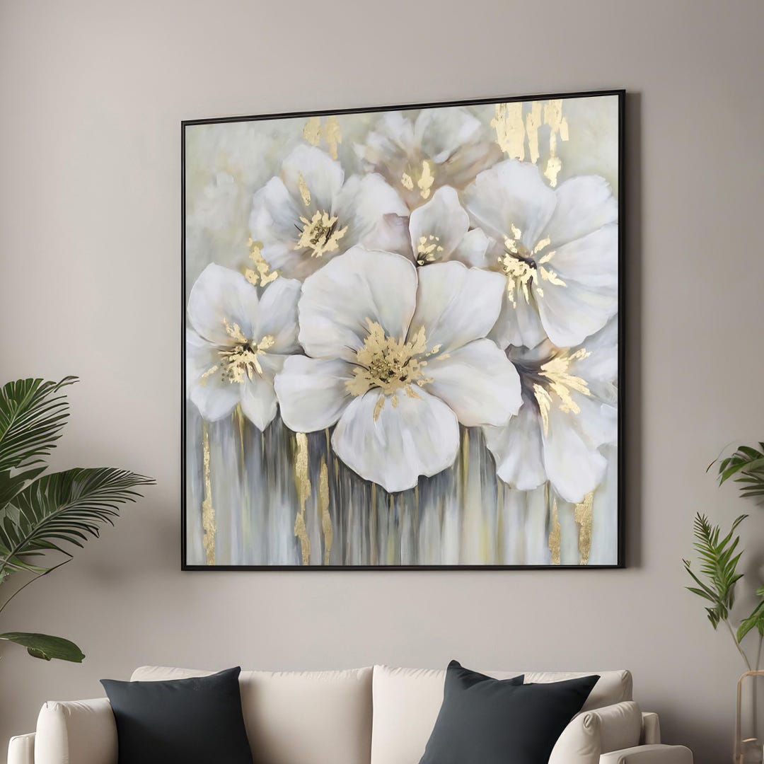 Elegant White Flowers With Gold Accents Canvas Print - Modern Floral ...