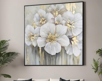 Impression sur toile fleurs blanches élégantes rehaussées d'or - Art mural floral moderne - Décoration d'intérieur luxueuse