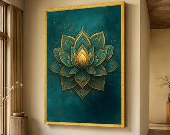 Puede incluir: Una obra de arte enmarcada con un diseño detallado de flor de loto. La obra presenta un fondo turquesa con detalles dorados y un marco dorado. La flor de loto está representada en tonos turquesa y dorado, creando un contraste visual llamativo.